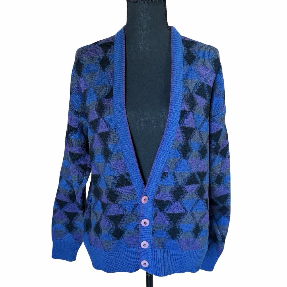 Vintage Explosive Saturdays Styling Cardigan Sweater M Blue Purple Geometric 90s